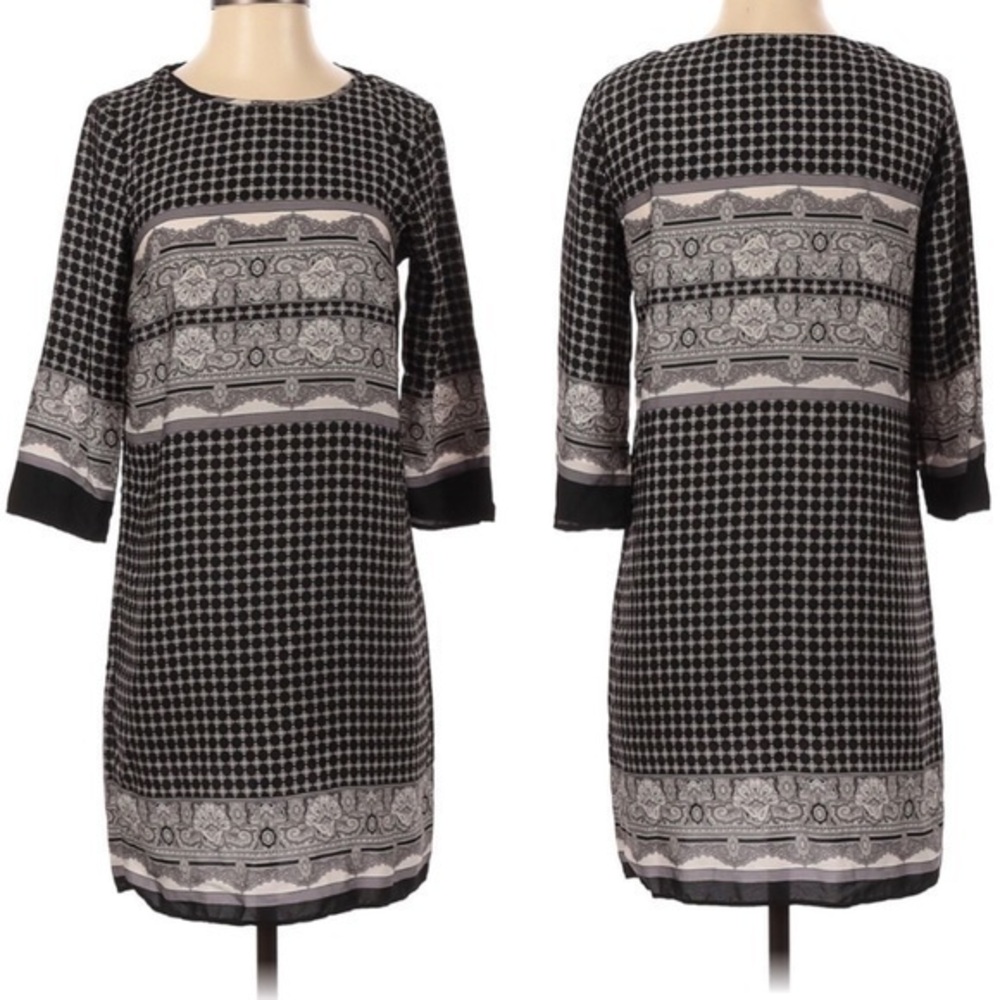 MNG COLLECTION BoHo dress shift tunic black cream print loose fit oversized